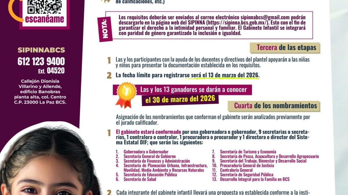Gobierno de BCS abre convocatoria para la tercera edición del Gabinete Infantil