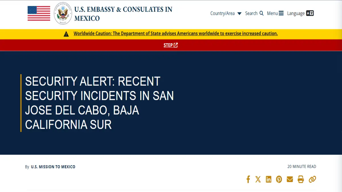 Emite Embajada de Estados Unidos alerta de seguridad tras balacera en Los Cabos