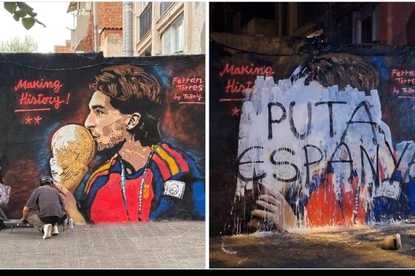 Arruinan en horas el mural de Ferran Torres campeón del mundo en Barcelona con ‘Puta Espanya’