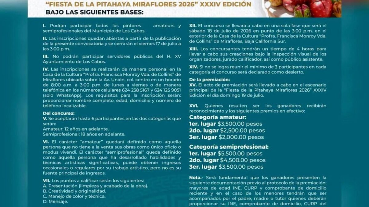 ICA Los Cabos invita a partiripar en el Concurso de Pintura de la Fiesta de la Pitahaya Miraflores 2026