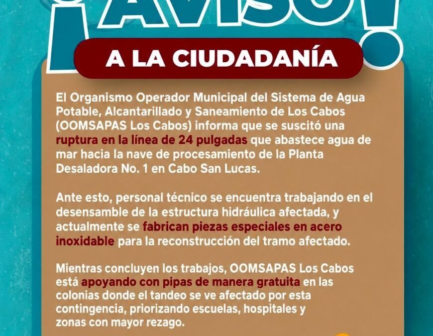 OOMSAPAS Los Cabos trabaja en reparación de Planta Desaladora 1